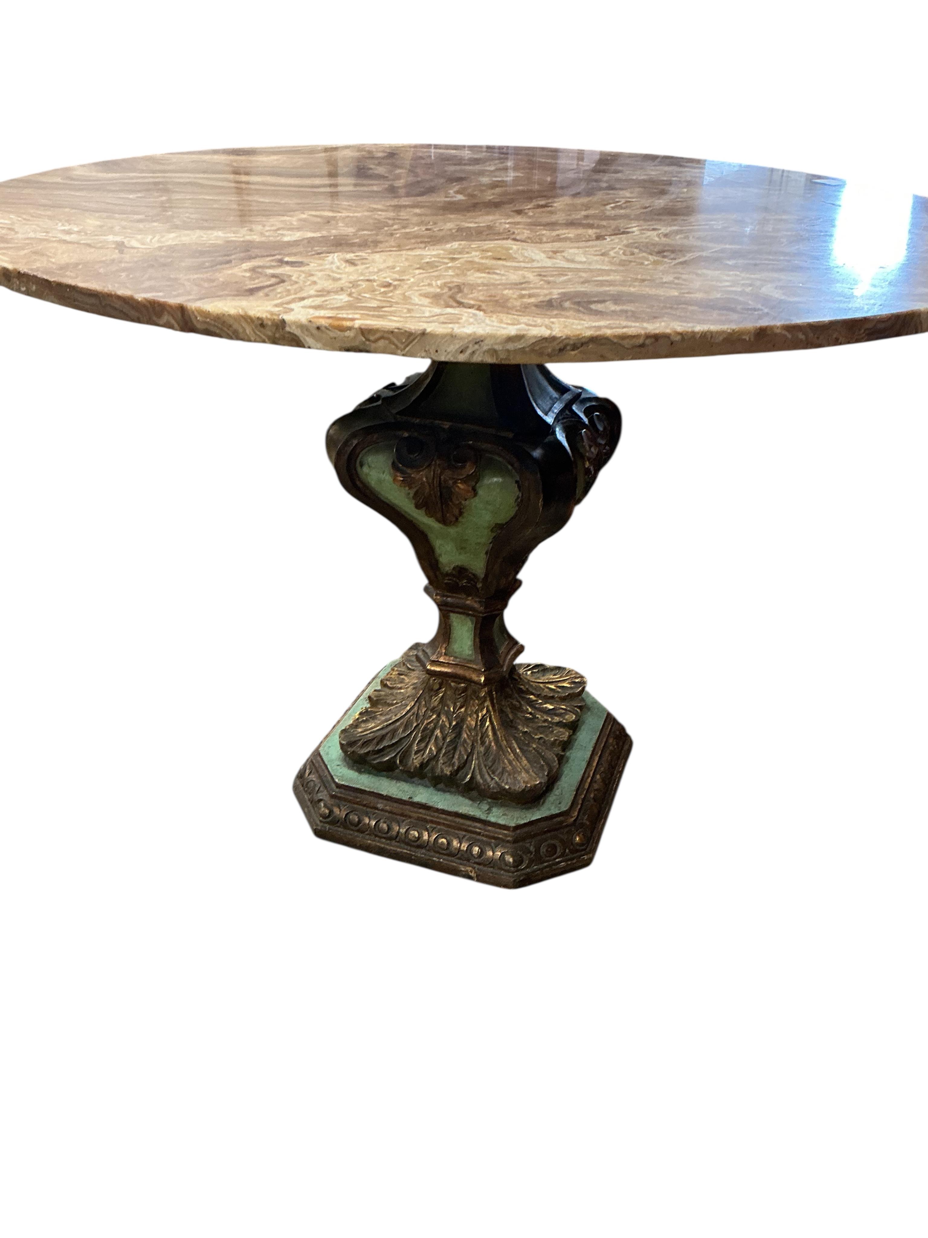 A Contemporary 18th century style circular alabaster table on giltwood and painted baluster column, diameter 104cm, height 76cm